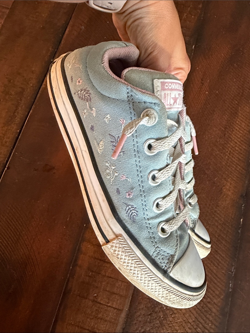 Converse Kids Low Top Sneakers in Light Blue with Pink Accents & Embroidery